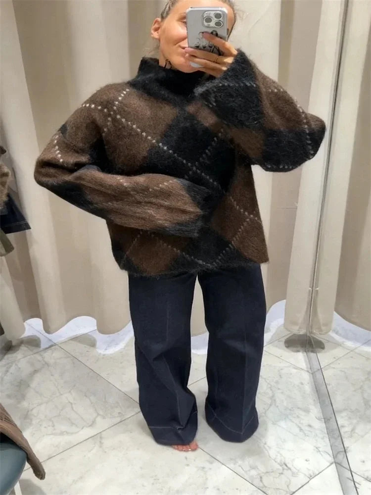 LIZAKOSHT  -  Women's Brown Argyle Pattern Turtleneck Sweater Fluffy Knit Long Sleeve Casual Pullover 2025 Autumn Winter Female Warm Knitwear