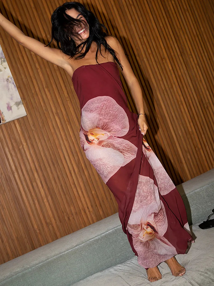 LIZAKOSHT  -  Summer Chiffon Printed Maxi Dress Women Patchwork Backless Slim Contrast Elegant Party Dress Ladies New Long Dress