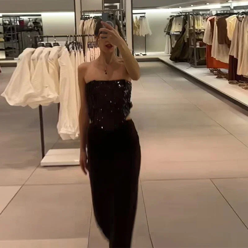 LIZAKOSHT  -  Sexy Sequin Patchwork Party Dress Brown Backless Sleeveless Tube Top Hollow Out Long Dresses 2025 Summer Solid High Street Robes