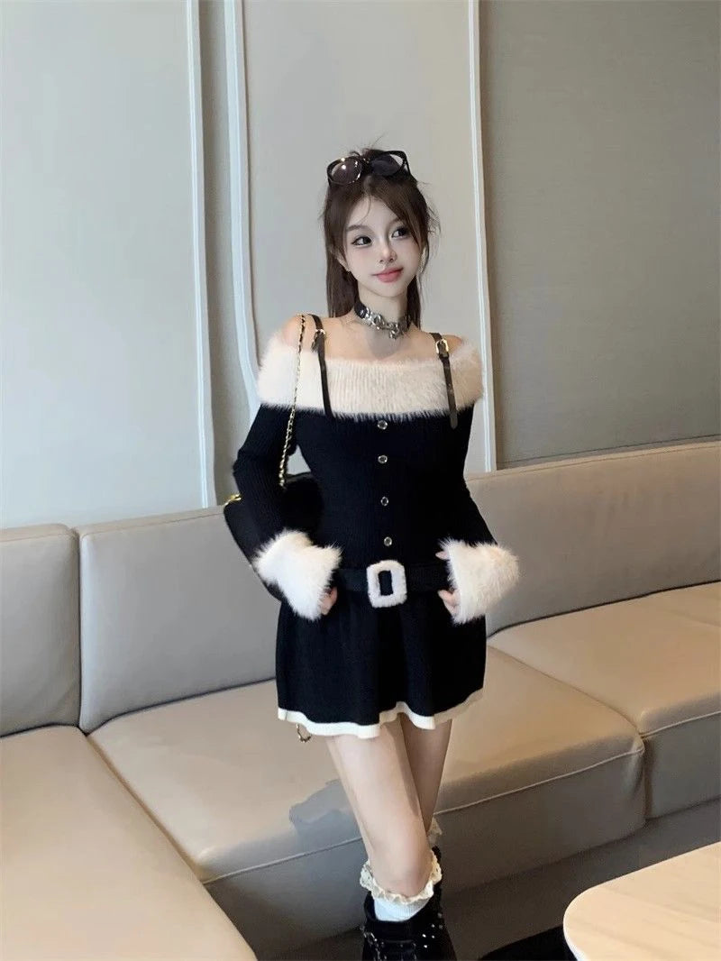 LIZAKOSHT  -  Women Knitted Mini Dress Autumn Hottie Slash Neck Patchwork Fashion Camisole Dresses Off Shoulder Belt Button Casual Vestidos