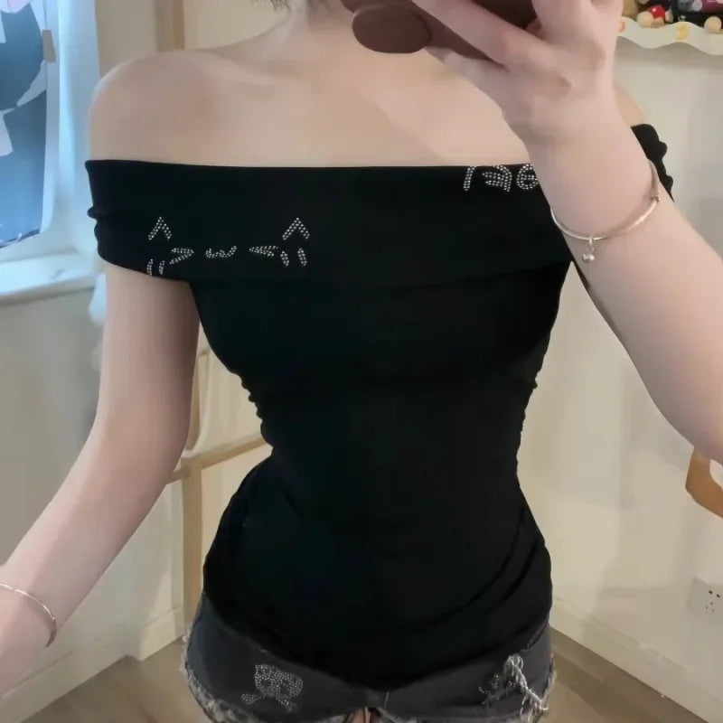 LIZAKOSHT  -  Women Clothing Slash Neck Short Sleeve Sexy T Shirts Cotton Summer Tees Chic Korean Camisetas Y2k Tops Diamond Cartoon Tshirts