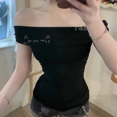 LIZAKOSHT  -  Women Clothing Slash Neck Short Sleeve Sexy T Shirts Cotton Summer Tees Chic Korean Camisetas Y2k Tops Diamond Cartoon Tshirts