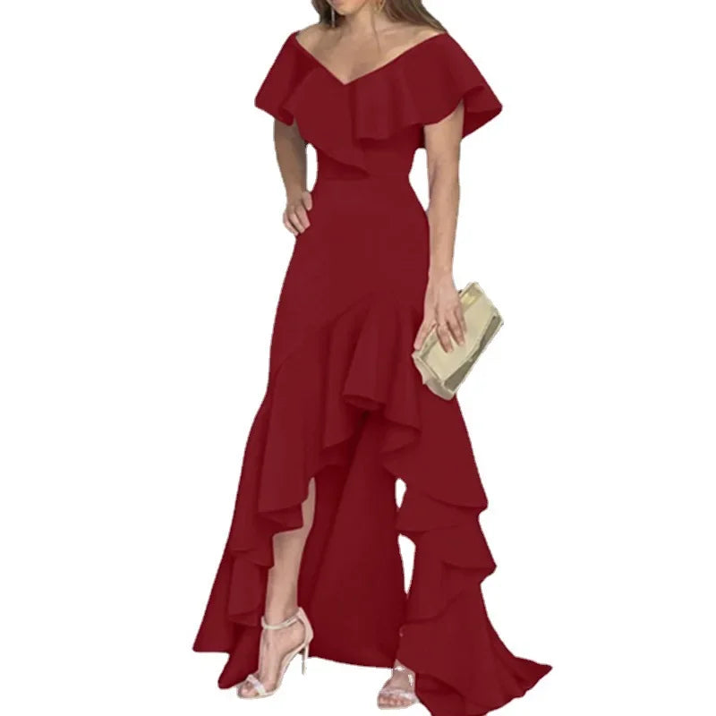 LIZAKOSHT  -  Sexy V-neck Irregular Hem Pure Color Women's Dress Bell Sleeve Ankle-length Regular Waist Design Floral Lace Edge Dress
