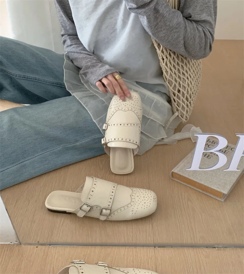 LIZAKOSHT  -  retro hollow out leather slippers women square toe double buckle sandals flat heel cutout mules shoes for woman sandalias mujer