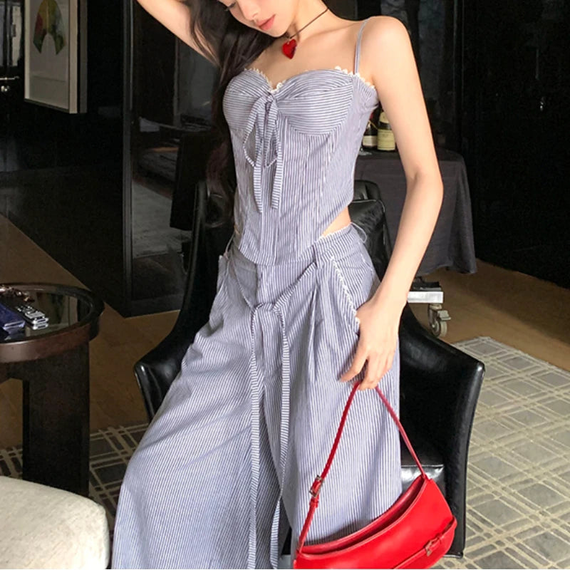 LIZAKOSHT  -  Summer New Korean Lace-up Pleated Sexy Slim Camisole Women + Contrast Color Striped Loose Wide Leg Pants Two-piece Suit