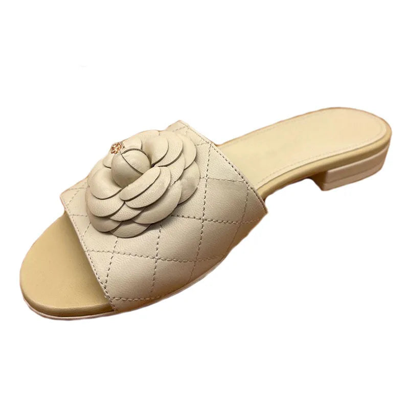 LIZAKOSHT  -  new designer camellia flower slippers women plaid leather slides shoes floral buckle leather flip flops woman flat sandales