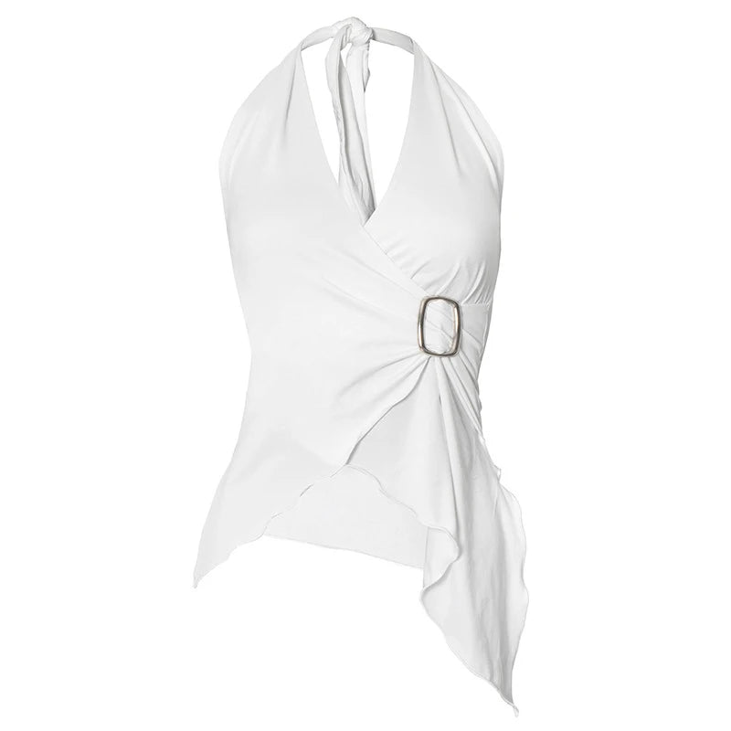 LIZAKOSHT  -  Summer Solid Sleeveless Halter V Neck Backless Buckle Backless Lacing Sexy Crop Top for Women Club Partywear
