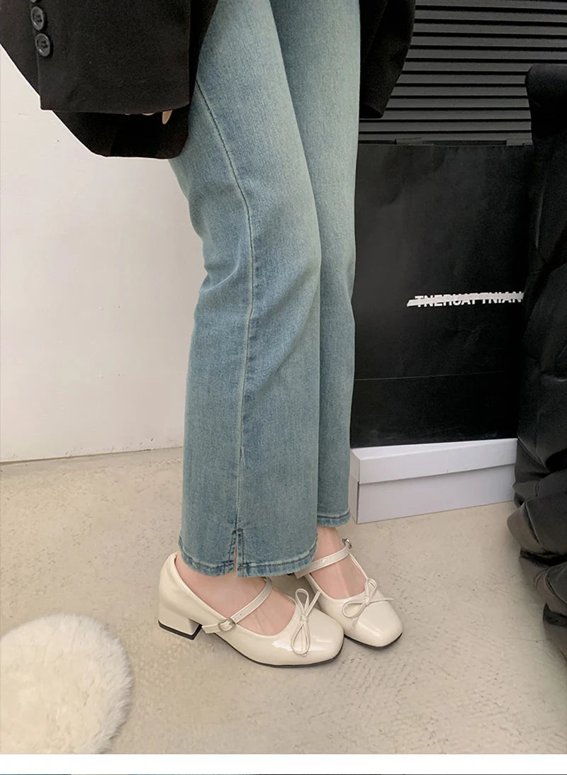 LIZAKOSHT  -  Patent Leather Women Mary Jane Shoes Fashion Shallow Butterfly-knot Shoes Spring Autumn Wedding Party Shoes