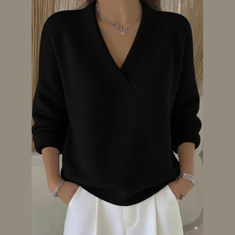 LIZAKOSHT  -  Deep V Neck Knit Sweater Women Long Sleeve Cuff Hem Ribbed Fuzzy Solid Casual Pullover Jumper Autumn Fashion Casual Tops