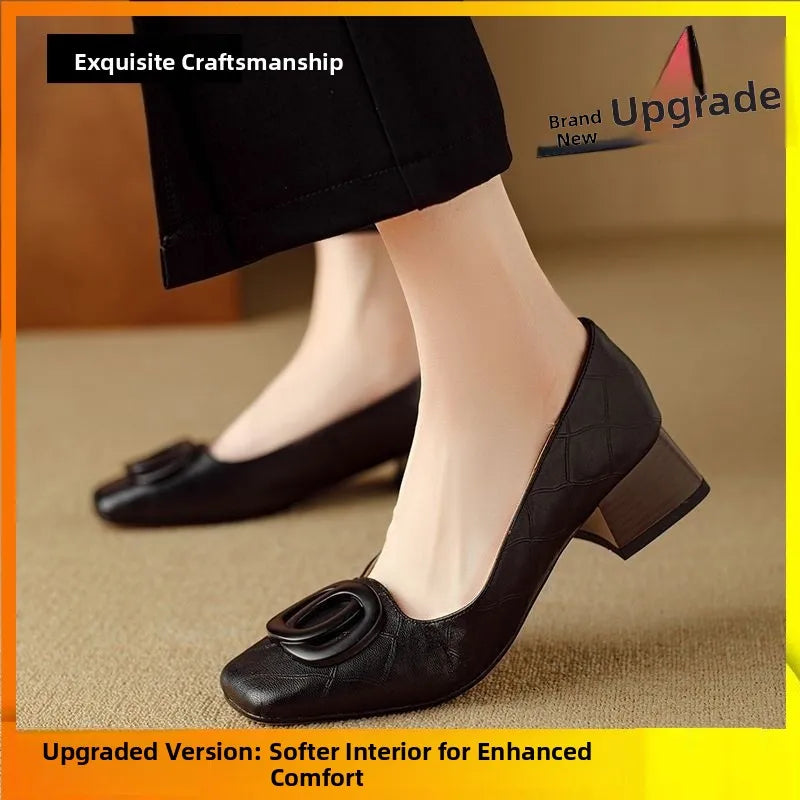 LIZAKOSHT  -  Soft Leather Comfortable Women's Single oes Spring Autumn Sle Square Head No Fatigue Thi Heel Match Skirt oes Casual