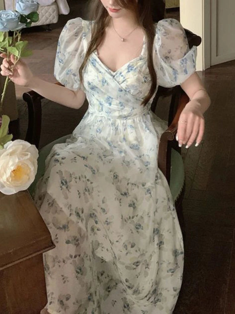 LIZAKOSHT  -  Korean Floral Dress Women Elegant Square Collar Woman Dresses Fashion Puff Sleeve Holiday Dresses Ladies Fairy Sundress Vestidos