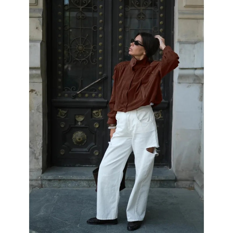 LIZAKOSHT  -  Elegant Fashion Brown Stand Collar Jackets Street Chic Single-Breasted Coat for Woman Gray Outerwear 2025 Autumn Long Sleeve Top