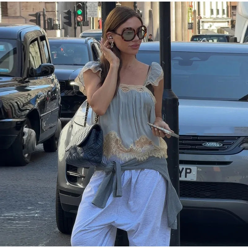 LIZAKOSHT  -  Lace Patchwork Blouse Thin Strap Lace Shoulder Panels Gathered Bust Spring Summer Cafe Date Lady Women Boho Casual Cami