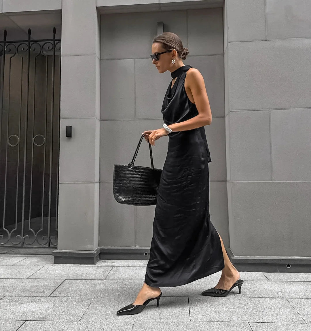 LIZAKOSHT  -  Black Satin Slit Neck Sleeveless Dress Matte Soft Bodycon Long Dress, Off Shoulder Zipper Tie Belt Elegant Party Gown