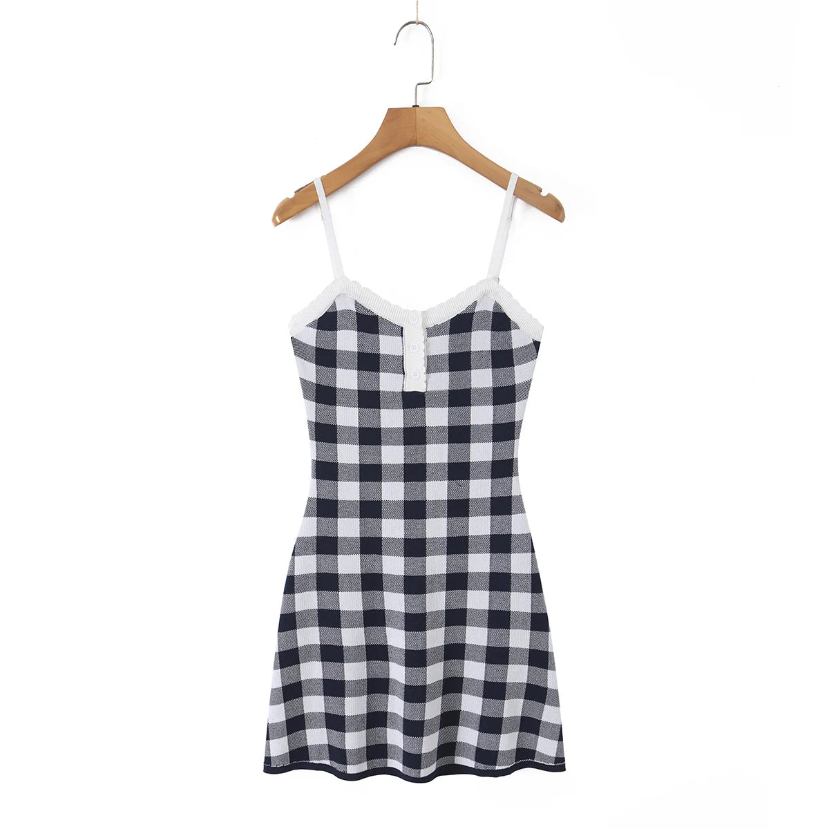 LIZAKOSHT  -  Autumn Black White Plaid Gingham Knitted Sling Dress Open Buttons V neck Package Hips Short Dresses Skinny Robe Vestidos