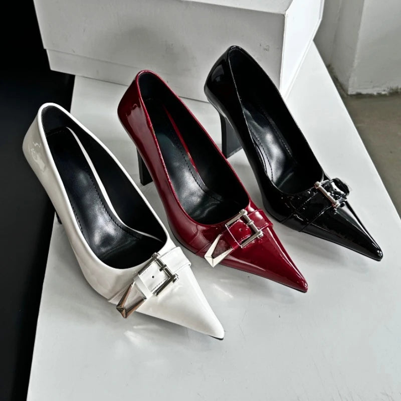 LIZAKOSHT  -  Patent Leather Sexy High Heels Women Metal Buckle Pointed Designer Pumps Female Fall Fashions Elegant Office Women Shoes