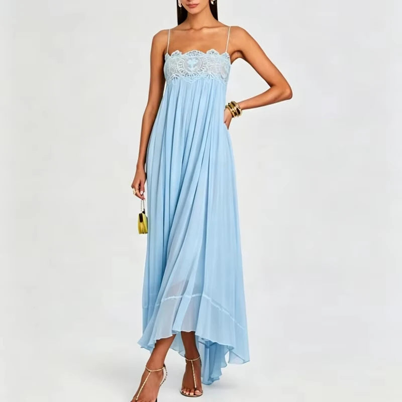 LIZAKOSHT  -  Sexy Off Shoulder Silk Suspender Dress Elegant Lace Embroidery Splice Party Dress Lady Fashion Sleeveless Pleat Solid Long Dress