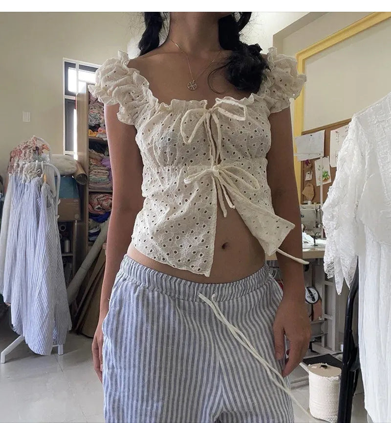 LIZAKOSHT  -  Chic Korean Fashion High Street Fungus Edge Short Sleeve Shirts Y2k Hollow Out Lace Up Clothes Summer Sweet French Girl Clothes