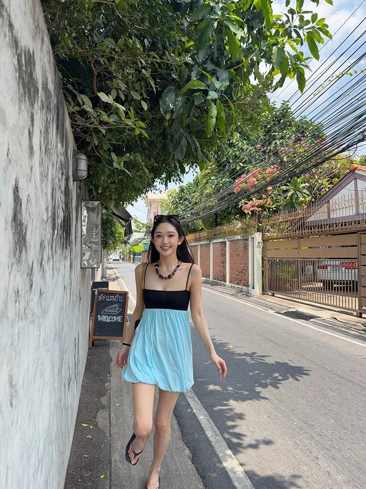 LIZAKOSHT  -  Fashion Sexy Women's Mini Sling Dress Color Blocking Sleeveless Ruched Fit Slim Bud Skirt NEW Summer Lady Party Dresses