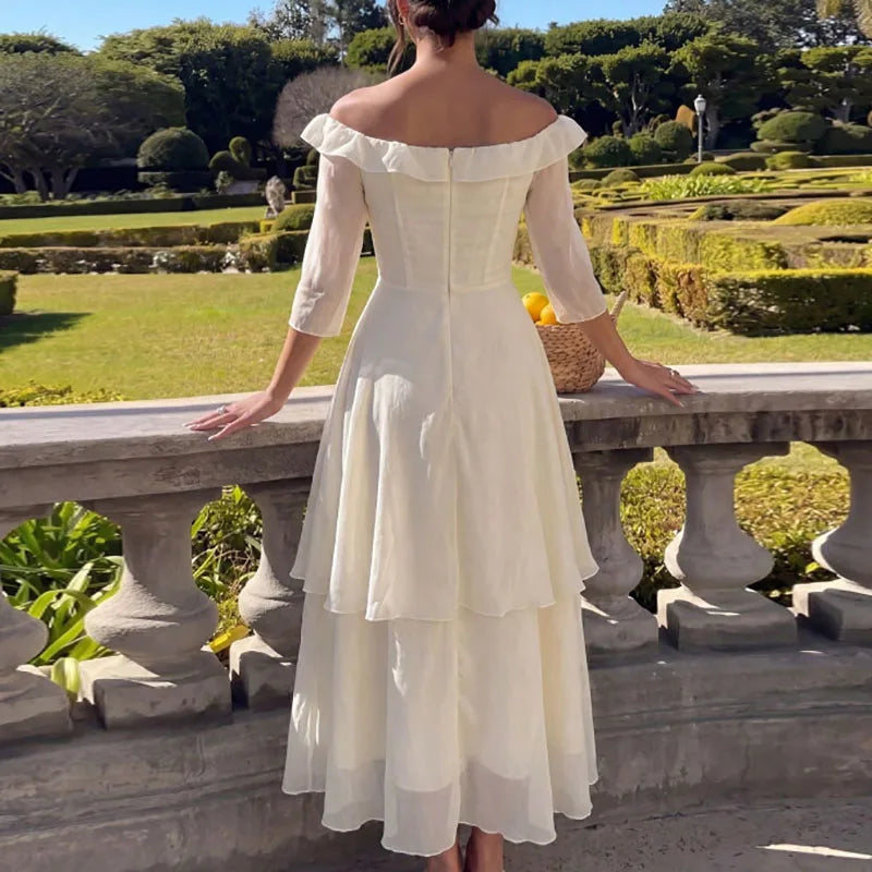 LIZAKOSHT  -  Fashion Patchwork Waist Long Dress Sexy Off Shoulder Half Sleeved Party Dress Elegant Personality Solid Ruffled Evening Dresses