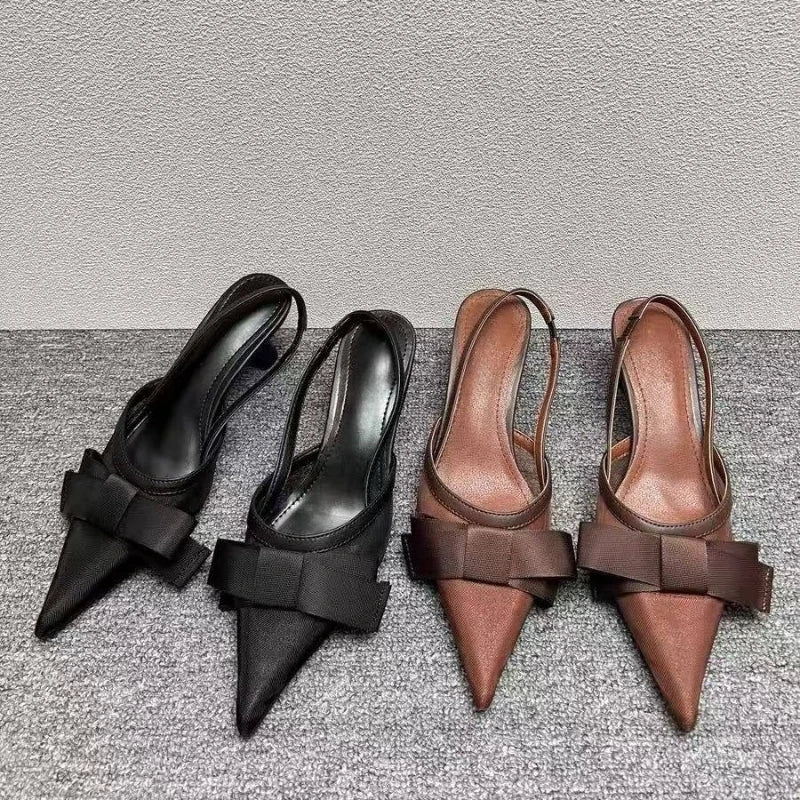 LIZAKOSHT  -  Satin Luxury High Heels Women Bow Pointed Toe Pumps Brand Slingbacks Banquet Party Shoes Designer Women Sandals Summer
