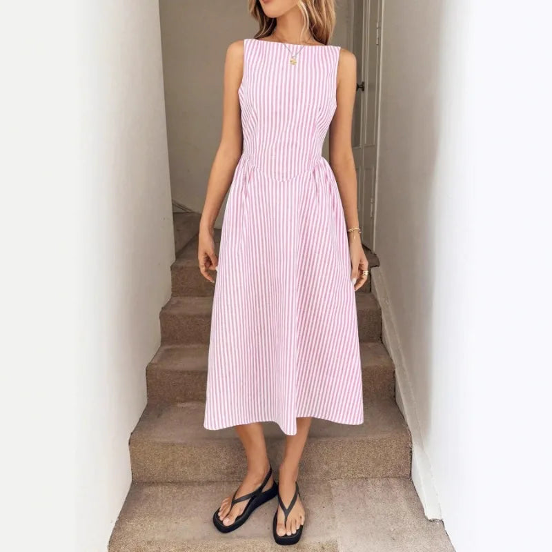 LIZAKOSHT  -  Women's Sleeveless Vertical Striped Midi Dress Elegant High Waist A-Line Vacation Dress