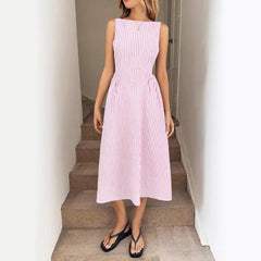LIZAKOSHT  -  Women's Sleeveless Vertical Striped Midi Dress Elegant High Waist A-Line Vacation Dress