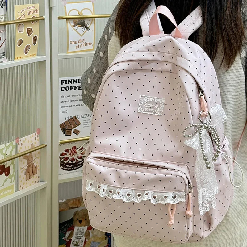 LIZAKOSHT  -  Fashion Polka Dot Travel Backpack Large Capacity Nylon Student Schoolbag Multi-pocket with Lace Laptop Daypack Daily Travel Bag