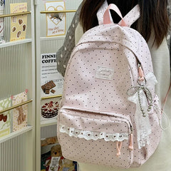 LIZAKOSHT  -  Fashion Polka Dot Travel Backpack Large Capacity Nylon Student Schoolbag Multi-pocket with Lace Laptop Daypack Daily Travel Bag