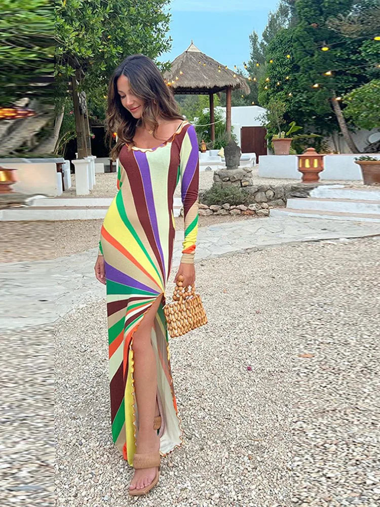 LIZAKOSHT  -  Women's Dresses Rainbow Outerwear Print Bodycon Maxi Dress Long Sleeve Summer Trendy High Slit Casual Evening Gown Woman Clothes