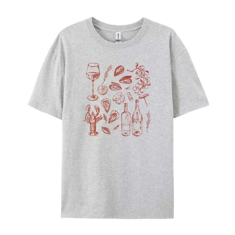 LIZAKOSHT  -  Italian Seafood Print T-Shirt Women Retro Style Vintage Aesthetic Oyster Lobster T Shirt Cute Foodie Shirt Loose Vacation Tops