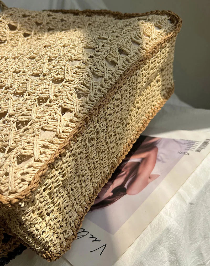 LIZAKOSHT  -  Mesh Crochet Beach Bags Women Hollow Out Straw Woven Tote Bag Seaside Vacation Square Knitted Handbag with Tassel