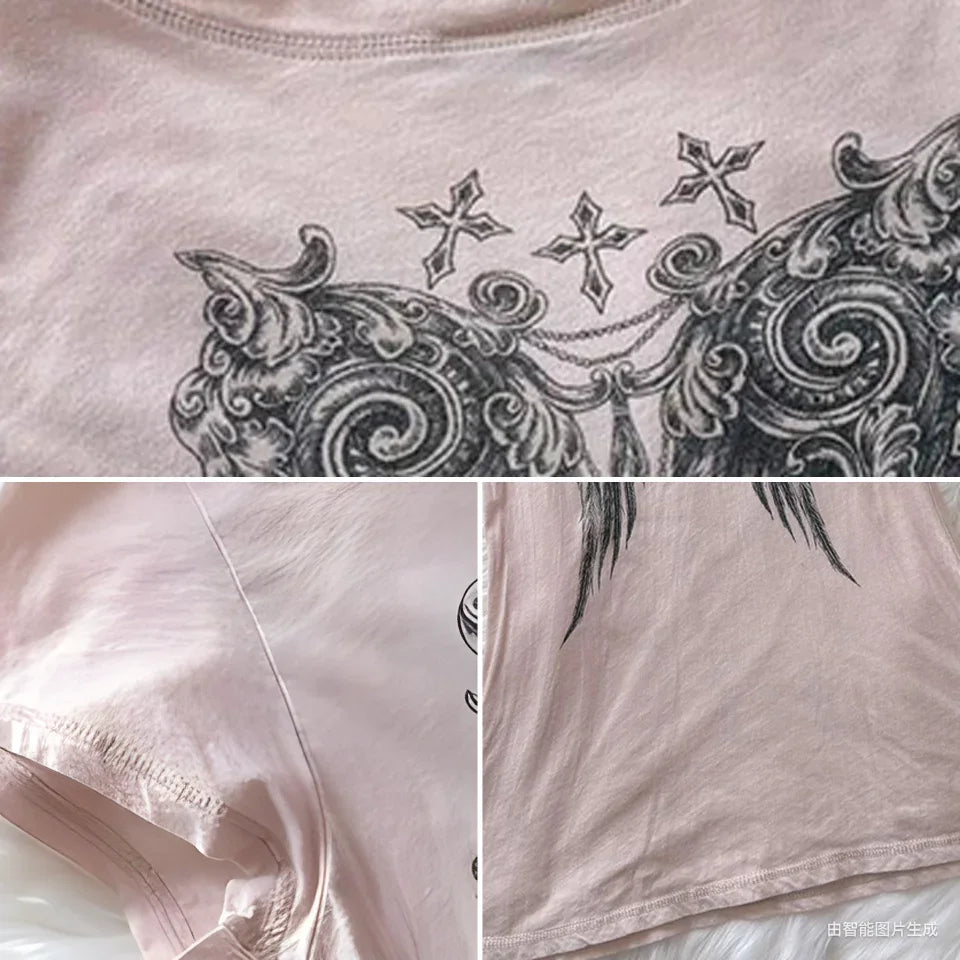 LIZAKOSHT  -  Ropa Mujer Pink Angel T-shirts Vintage Camisetas Print T Shirt Goth Academia American Grunge Subcultural High Street Tops