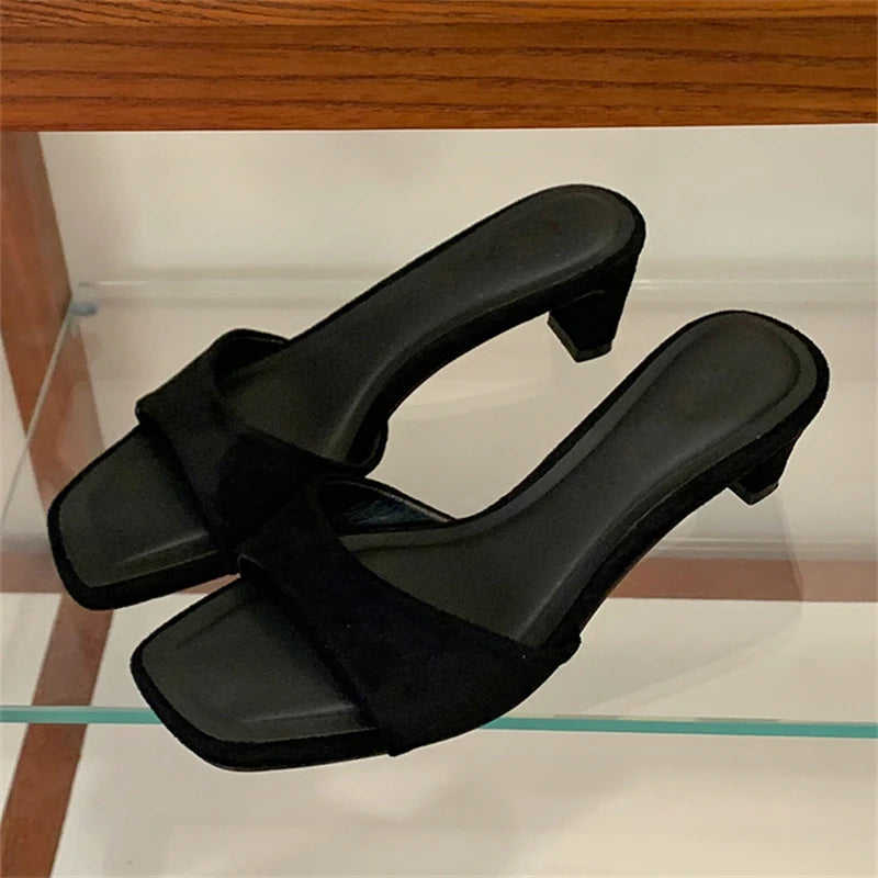 LIZAKOSHT  -  New Fashion Open Toe Women Slippers Summer Square Low Heels Casual Party Dress Slides Ladies Shoes