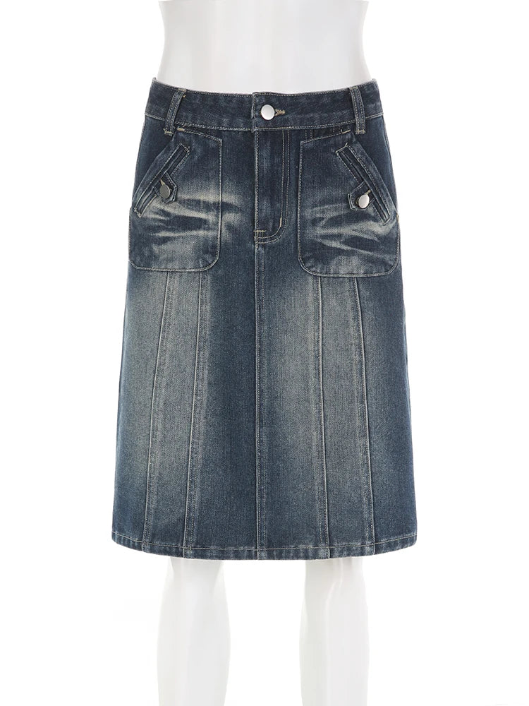 LIZAKOSHT  -  Vintage Blue Straight Denim Skirt Women American Retro Aesthetic Chic Stitch Cargo Mid Skirts Y2K Streetwear Grunge New