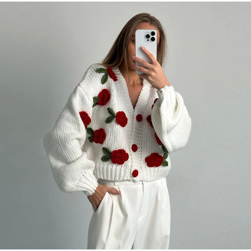 LIZAKOSHT  -  3D Flower Knitted Cardigan Woman Loose Long Sleeves Single Breasted V-Neck Casual Coats Versatile Women's Early Autumn Cardigans