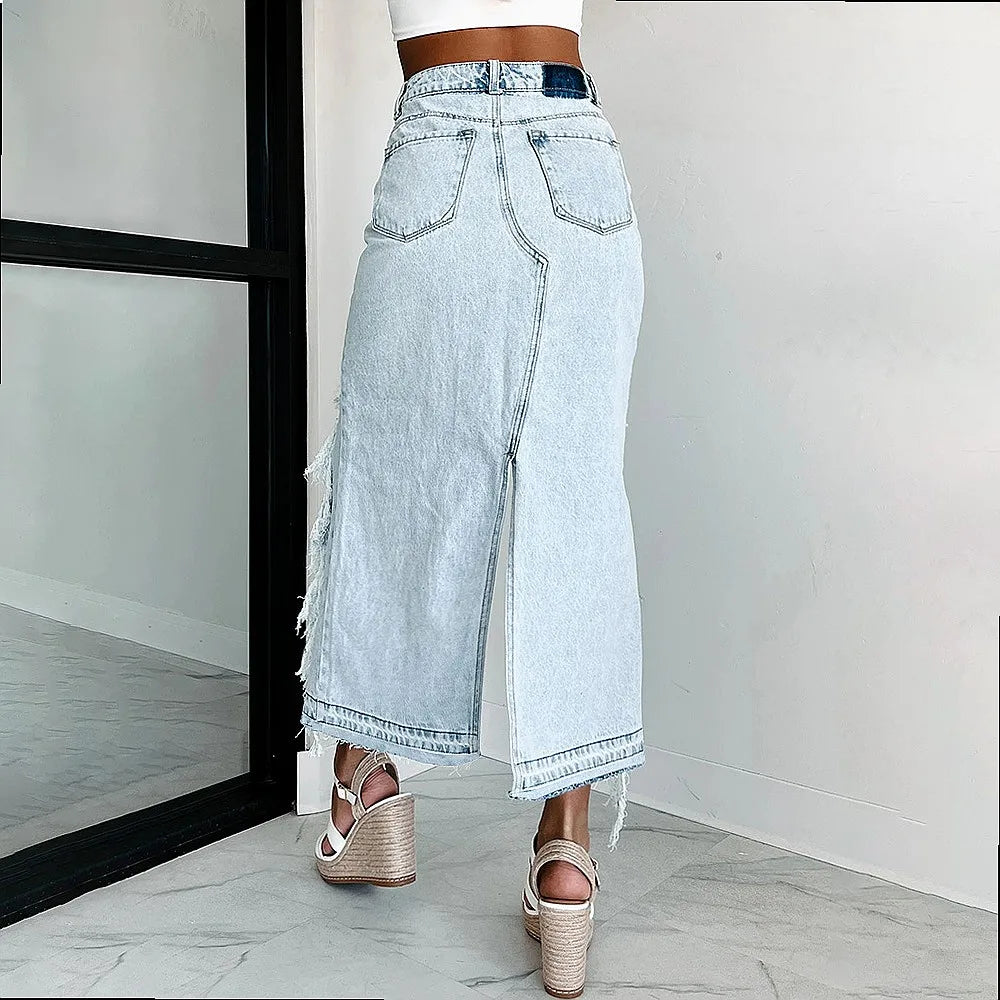 LIZAKOSHT  -  High Waist Ripped Raw Hem Denim Skirt, Split Bodycon Midi Skirts Spring Summer