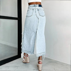 LIZAKOSHT  -  High Waist Ripped Raw Hem Denim Skirt, Split Bodycon Midi Skirts Spring Summer