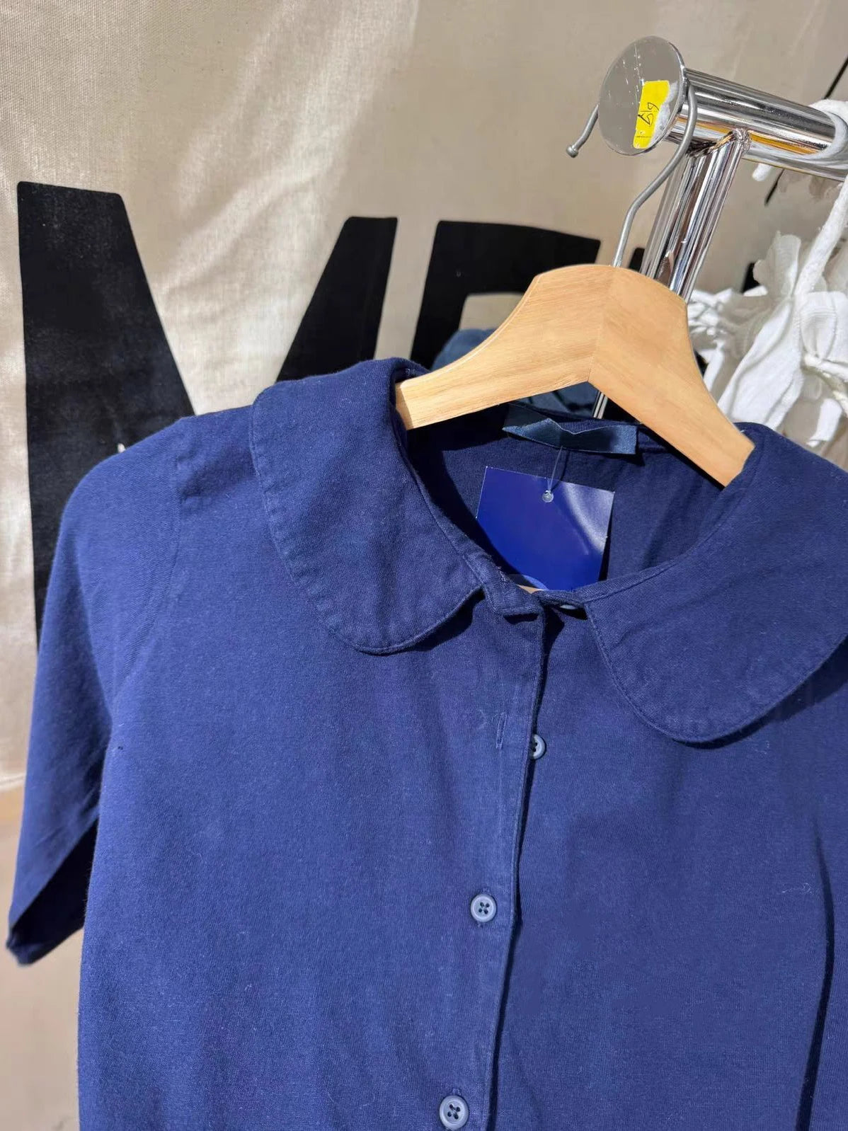 LIZAKOSHT  -  Navy Half Sleeve Slim T-shirt Autumn Peter pan Collar Single Breasted Cotton Tshirt Female Sweet Cute Preppy Style Woman's tee