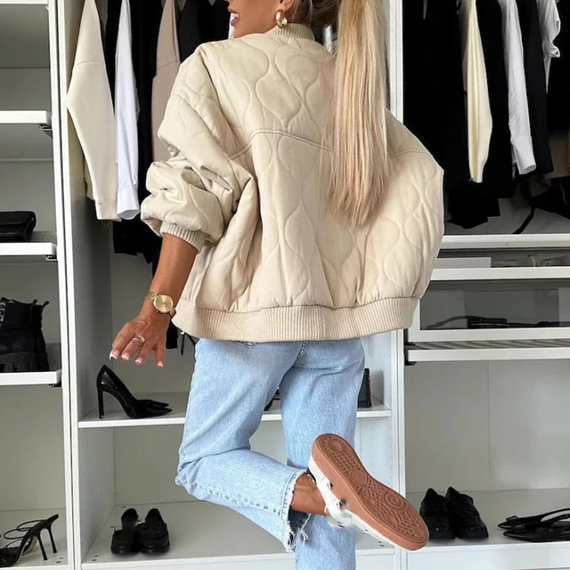 LIZAKOSHT  -  Lady Elegant Warm Pocket Down Coat Casual O Neck Single Breasted Cotton Jacket Fall Winter Long Sleeved Solid Loose Outwear