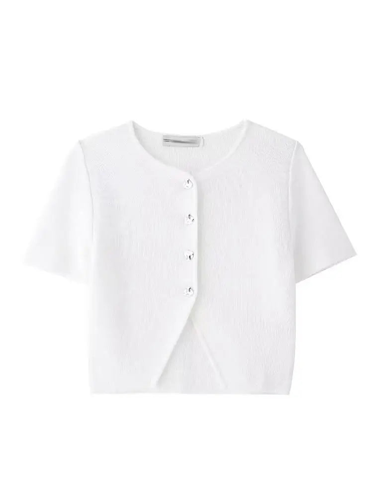 LIZAKOSHT  -  Knitted Solid Women Crop Top O-neck Short Sleeve Single Breasted Slim Tops 2024 Spring Summer New Fashion Casual Lady Sweaters
