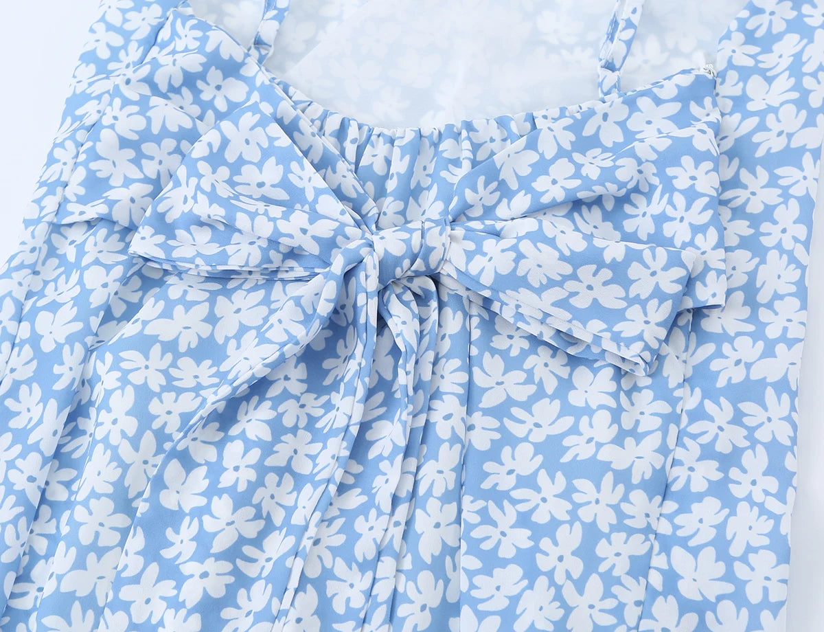 LIZAKOSHT  -  Sexy Light Blue Floral Print V Collar Sling Mini Dress Women Backless Tie Bow Sashes Back A-Line Dresses Femme Vestidos Robe