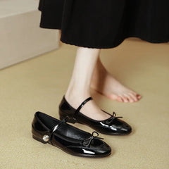 LIZAKOSHT  -  japanned leather bowtie flat shoes woman round toe rhinestone buckle mary janes ballet flats women soft bottom bow moccasins