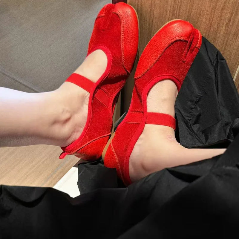 LIZAKOSHT  -  New Split Toe Peas Shoes Women 2025 Trotters Cross Horseshoe Red Casual Mary Jane Ballet Flats Shoes Female