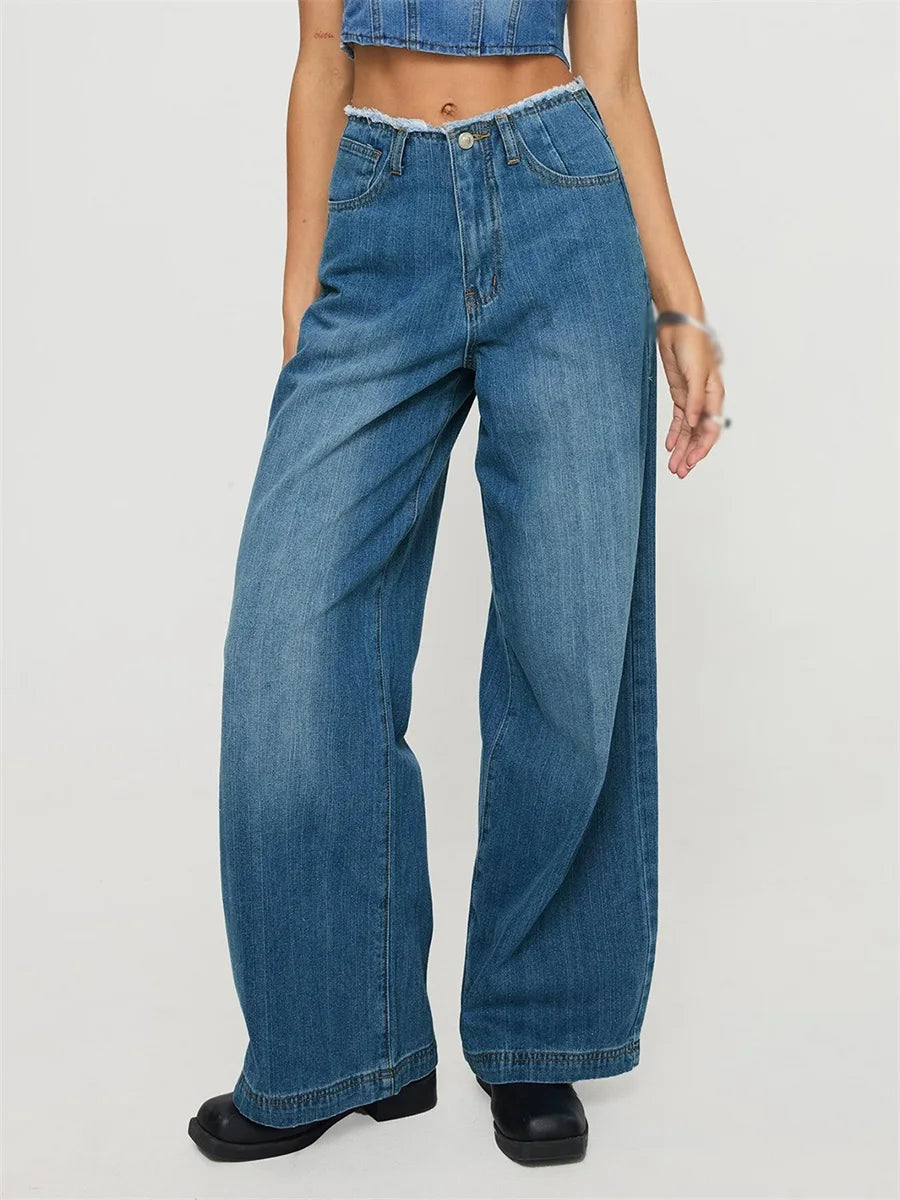 LIZAKOSHT  -  Women's Spring Summer Jeans with Pockets Fashion Loose Fit Casual Solid Low Rise Wide Leg Denim Pants Vintage Streetwear