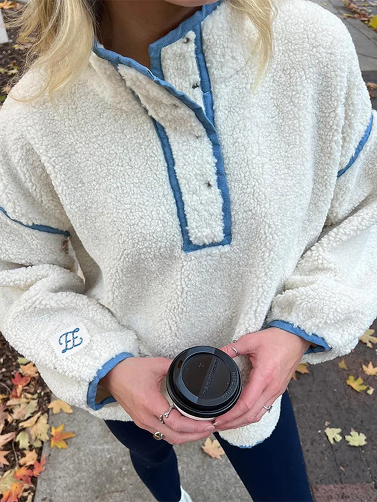 LIZAKOSHT  -  Faux Shearling Stand Collar Sweatshirt Tops Women's Long Sleeve Oversized Chic Cozy Outerwear Autumn New Casual Girls Outfit