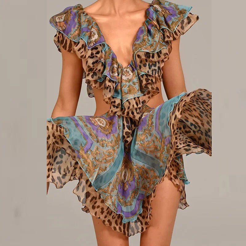 LIZAKOSHT  -  Chic Irregular Floral Print Female Short Dress Summer Double V Backless Mini Dress Women Sexy Waist Hollow Banquet Party Dress