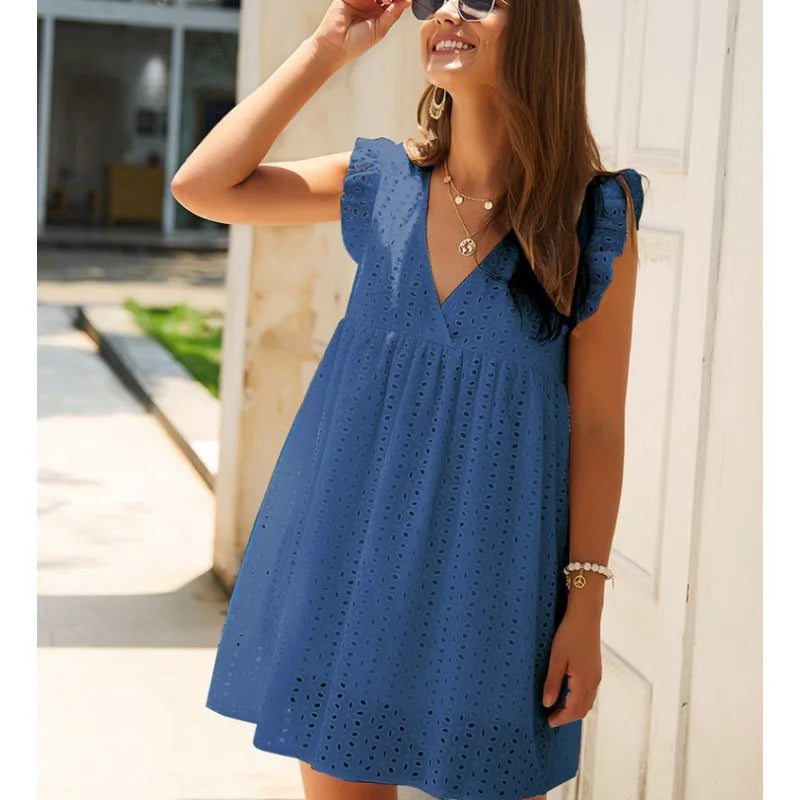 LIZAKOSHT  -  Temperament Commuter Women's Wear Summer V-Neck Short Sleeve Lace Dress