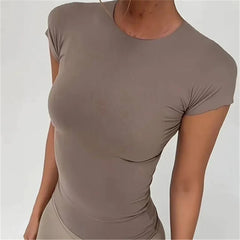 LIZAKOSHT  -  Minimalist Edgeless Brushed Cotton Short Sleeve T-shirt Women 2025 Spring Summer O-neck Stretchy Slim Fitted Top Hot Girls 56907