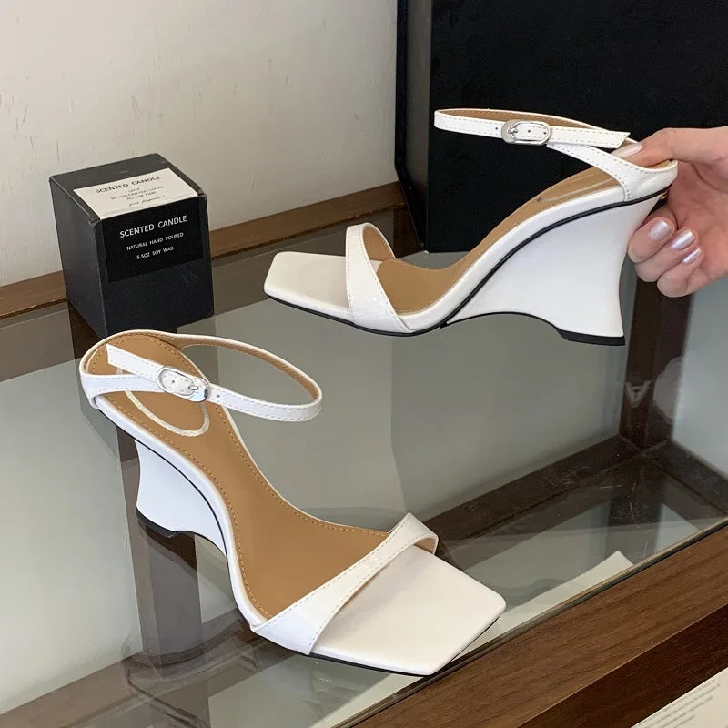 LIZAKOSHT  -  Summer Fashion Square Toe Buckle Strap Women Slippers Street Style Design Wedges High Heels Party Shoes